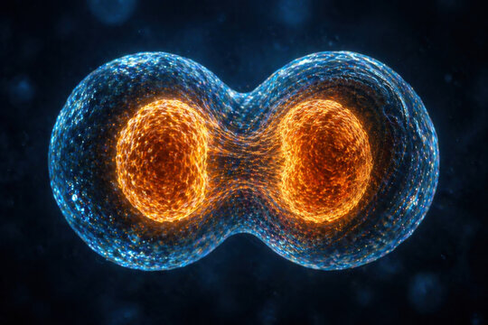 Vibrant depiction of cellular division showcases two glowing cells merging, illustrating dynamic process of life. Astaxanthin plays vital role