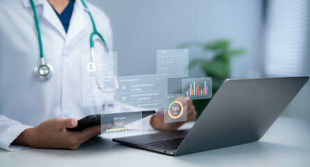 Doctor using tablet and laptop analyzing patient data with virtual dashboard showing risk monitoring healthcare analytics medical technology clinical decision support improving care