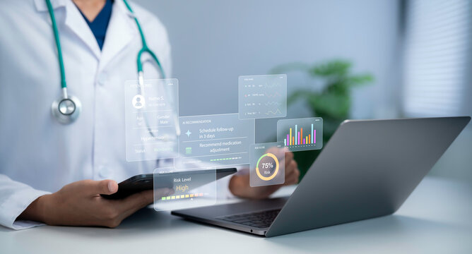 Doctor using tablet and laptop analyzing patient data with virtual dashboard showing risk monitoring healthcare analytics medical technology clinical decision support improving care