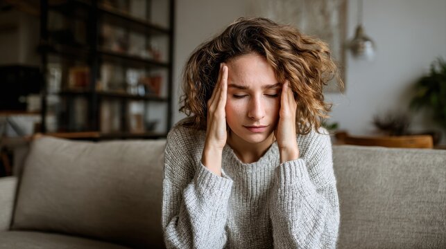 Woman, sofa and stress with headache, migraine or anxiety with massaging temple in living room. Tension, mental health and wellness discomfort, crisis and worried female person frustrated in home