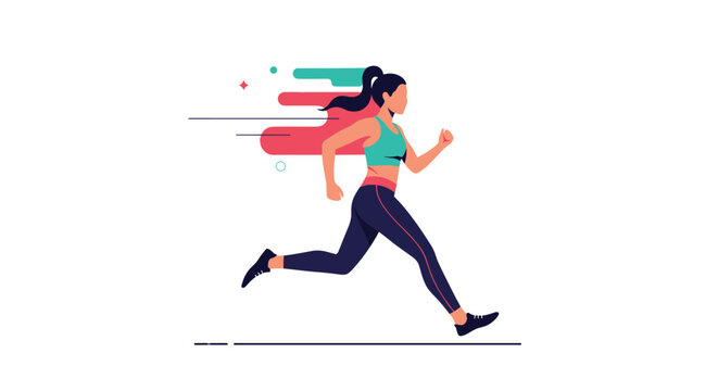 Athletic woman running at high speed with colorful motion lines signifying energy, power, and determination in sport.