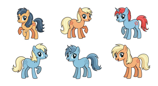 Colorful cartoon pony friends standing together.