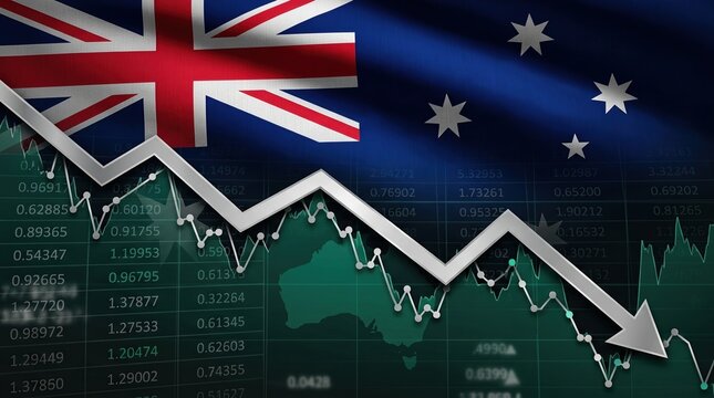 Australia flag, economy, stock market crash, financial crisis, recession, inflation, bear market concept with a downward arrow on a financial chart illustrating economic downturn.