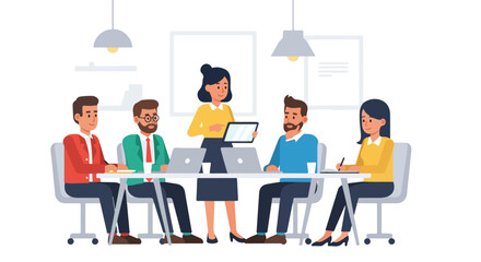Diverse colleagues collaborate around a table in a modern office while a female professional presents digital data using a handheld tablet. © Ahmad