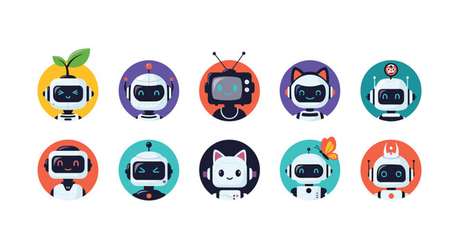 Set of friendly robot avatars in colorful circles featuring different expressions, designs, and cute character features.