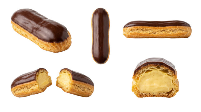 French Chocolate &Eacute;clair Transparent PNG Isolated White Background Front Top Side Sliced Half Views Set