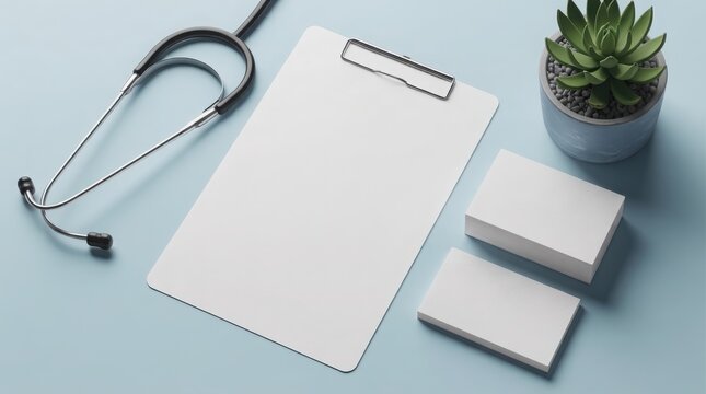 Medical Workspace with Clipboard, Stethoscope, Succulent Plant, and Blank Notepads on Blue Surface