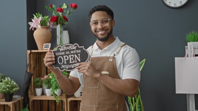 Man smiling and holding open sign with hand in florist shop building among potted plants and wooden crates; welcoming service.