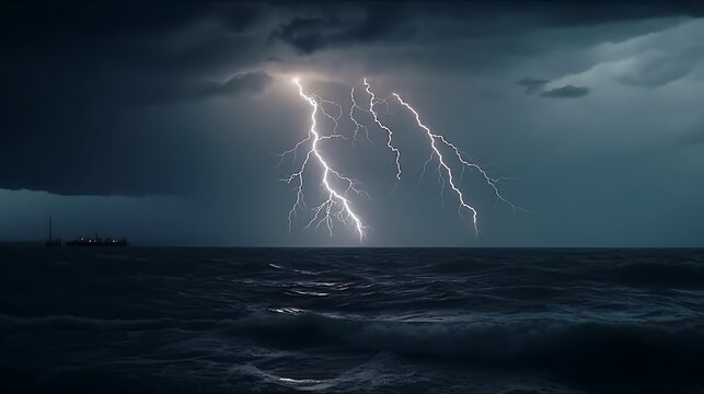 Thunderstorm with lightning strikes over ocean waves at night