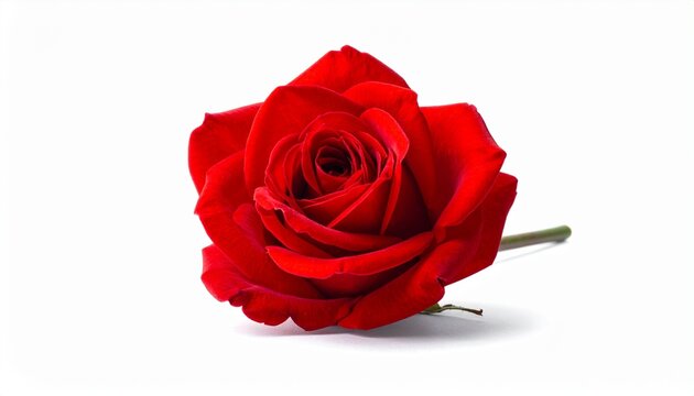 Beautiful red rose flower with stem, isolated on white background, ultra realistic, soft shadow
