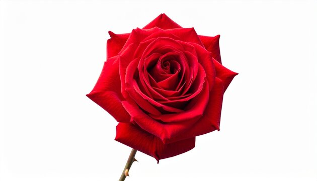 Beautiful red rose flower with stem, isolated on white background, ultra realistic, soft shadow