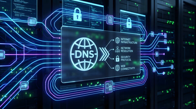 Digital domain name system DNS technology concept featuring internet infrastructure network resolution security protocol and web connectivity management for global cybersecurity networking storage