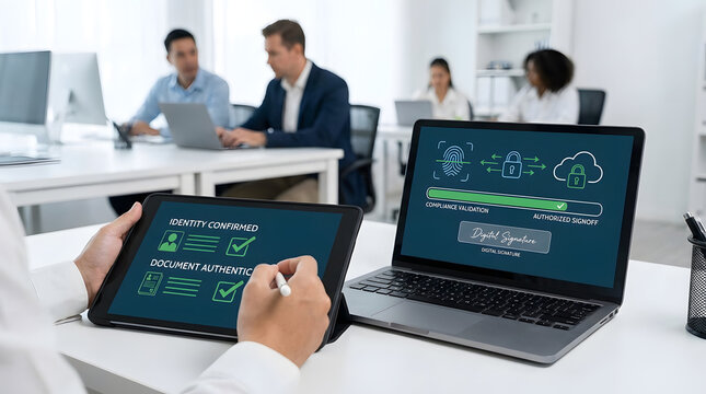 Advanced digital verification approval procedure for electronic document authentication identity confirmation compliance validation and authorized signoff within a modern paperless workspace