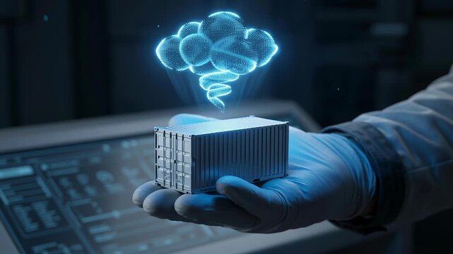 Exploring supply chain disruption impact on global logistics network using futuristic technology with digital cloud data storage and innovative container held by gloved hand