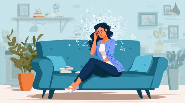 Woman, sofa and stress with headache, migraine or anxiety with massaging temple in living room. Tension, mental health and wellness discomfort, crisis and worried female person frustrated in home