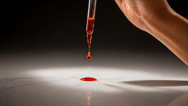 Hand holds dropper releasing vibrant red liquid onto smooth surface, showcasing rich color and texture of astaxanthin
