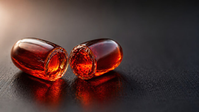 Bright red capsules glisten dark surface, showcasing their vibrant color and smooth texture, ideal for health supplements containing astaxanthin
