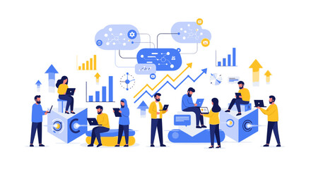 Naklejka premium Flat illustration of a diverse group of people working with large data and analysis symbols in a colorful, abstract scene.