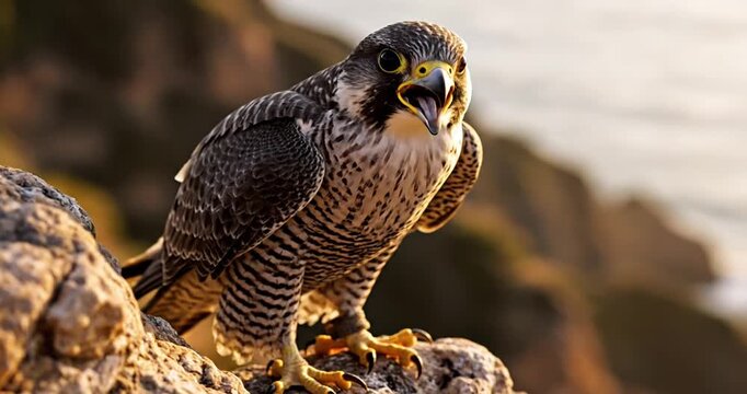 Majestic falcon perched on a rocky ledge, overlooking a serene coastal landscape at sunset