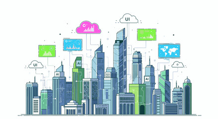 Obraz premium Illustration of a modern city skyline with various colorful icons and symbols floating above the buildings against a white background.