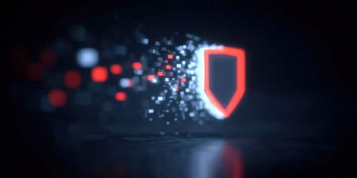 Digital defense shields crumble under a cyber attack as a hacker finds a breach in the security line, risking the safety of all data.