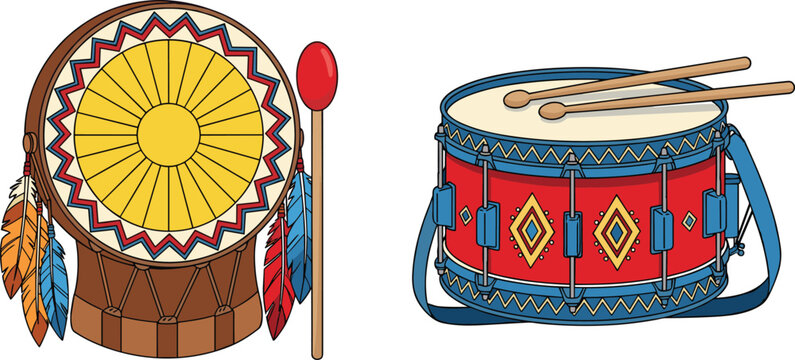 Traditional Native American percussion vector set featuring cultural tribal hand drum and marching snare icons.