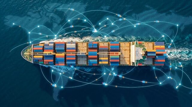 Container ship navigating global logistics network reveals cargo shipping impact on ocean supply chain disruption across international maritime transport routes