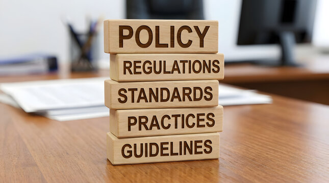 Strategic stack of wooden blocks representing structural compliance framework with layered corporate governance guideline standard and regulatory policy for organizational risk management.