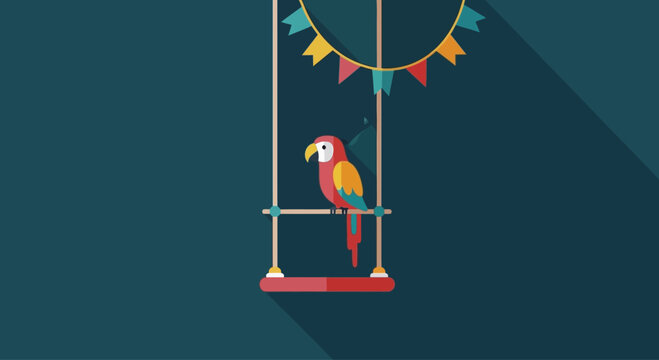 A colorful parrot perched on a swing decorated with festive bunting flags.