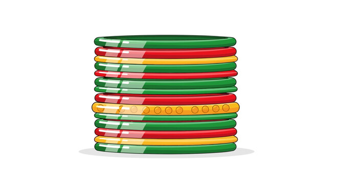Stack of colorful glass bangles on white background.