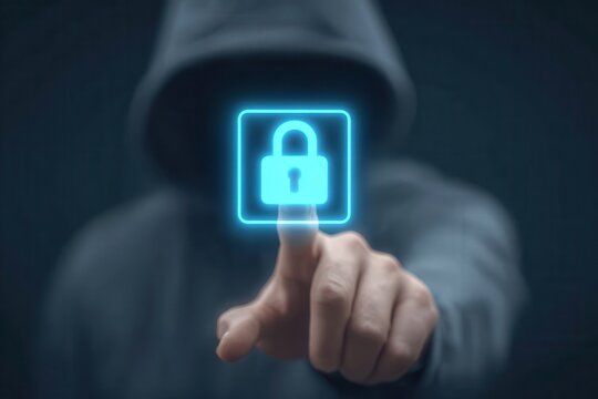 A glowing cyber interface shows a hacker initiating an attack to breach the final defense layer while security protocols fail to ensure system safety.