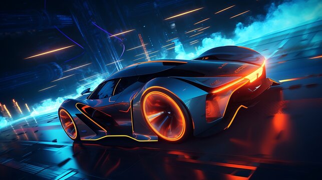 Futuristic concept car speeding through a neon cyberpunk city at night