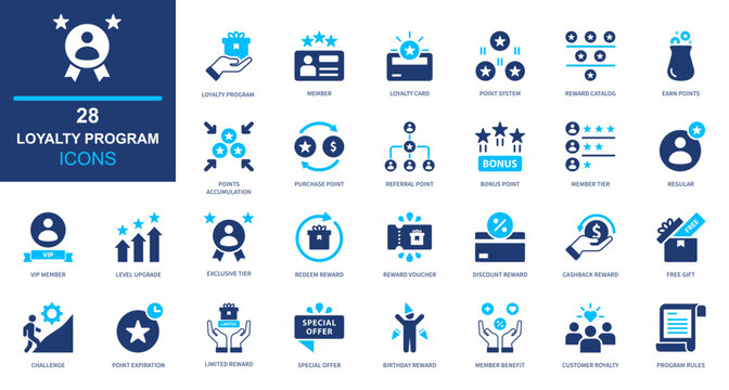 Loyalty program icon set. rewards, points, membership, customer, retention. solid style icon collection.