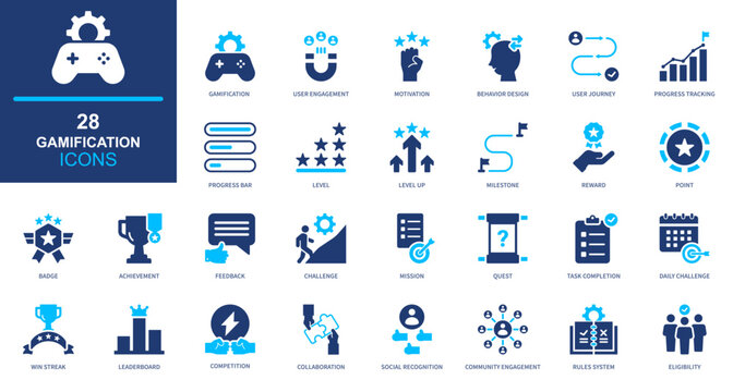 Gamification icon set. game, reward, achievement, engagement, motivation. solid style icon collection.