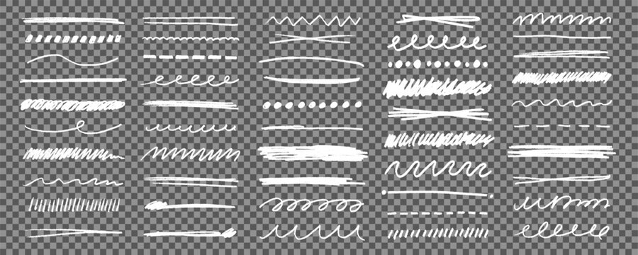 Scribble Pencil Line Set in Transparent Png Background. Chalk Emphasis Brush Pen Underline Kit. Hand Drawn Vector Illustration