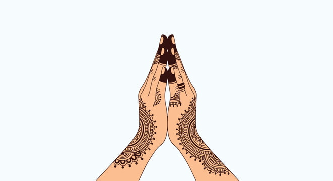 Two hands decorated with intricate traditional henna patterns pressed together in a prayer or namaste gesture against a light blue background.