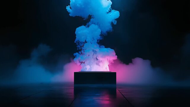 Blue smoke rising above a black rectangular box with pink vapor spreading across a dark reflective floor
