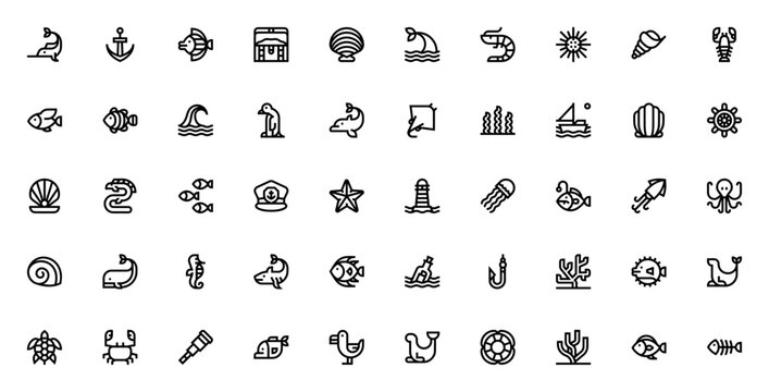 Sea life icon set. Ocean vector icons pack. Minimal marine symbols. Featuring swordfish, anchor, whale, dolphin, shark, jellyfish, octopus, seashell, coral and more.