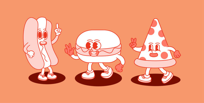 Set of cute fast food mascot characters including burger, pizza, and hotdog in retro cartoon style. Flat vector illustration with vintage diner aesthetic, ideal for restaurant branding, menu design, 