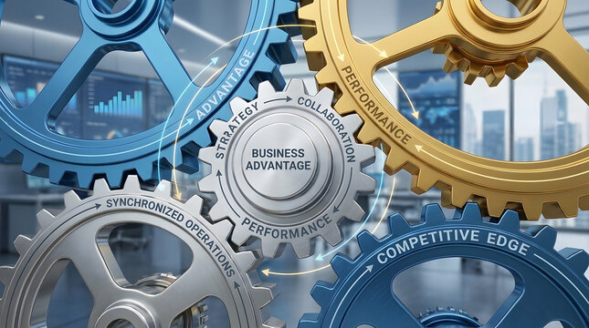 Strategic business advantage illustrated by interlocking metal gear mechanism symbolizing synchronized operational synergy collaboration and competitive performance for corporate growth and success.