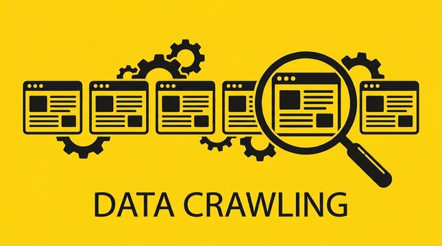 Data crawling, web scraping, search engine, magnifying glass, automation, big data, internet research conceptual illustration featuring browser icons and gears on yellow background.