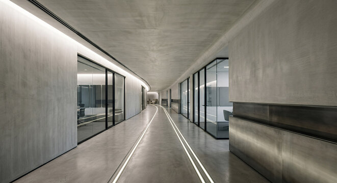 A modern, minimalist office hallway with polished concrete floors, glass-walled offices, and integrated LED lighting.
