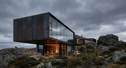 Fototapeta premium A modern, angular house with large glass windows and dark metal siding is nestled into a rocky, overgrown hillside under a cloudy sky. 