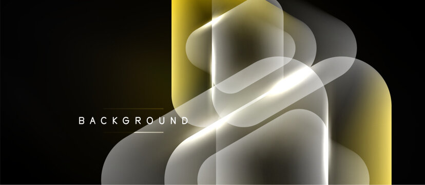 Abstract design features flowing shapes, gold accents, luminous white layers over dark background. Modern, dynamic composition.