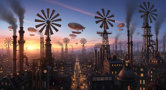 Vast Steampunk Metropolis Illuminated by Sunset, Featuring Industrial Windmills and Flying Airships