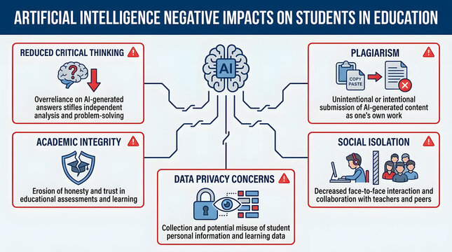 Detailed infographic illustrating negative impacts of artificial intelligence on education showcasing reduced critical thinking plagiarism integrity concerns social isolation and privacy risks