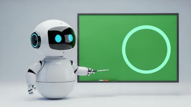 AI Robot Presenting on a Blackboard: A sleek, modern AI robot with a welcoming demeanor points to a glowing circle on a green blackboard, symbolizing innovation, futuristic learning.