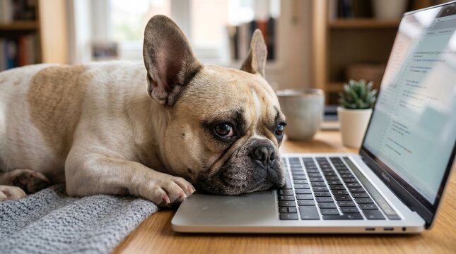 Dog resting head on laptop keyboard