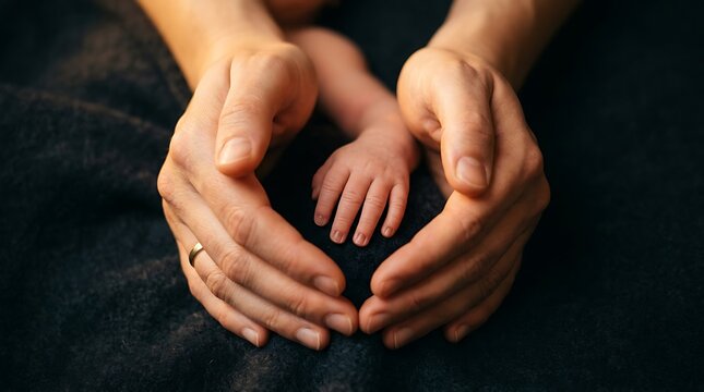 Hands cradling tiny baby hand, forming heart shape on dark fabric small