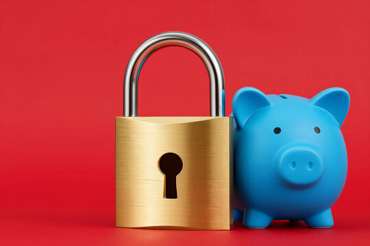 Golden padlock stands beside blue piggy bank. Bright red background highlights security and saving.